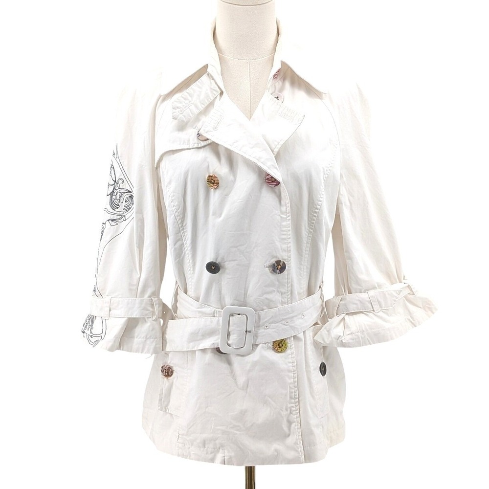 St. Martins Trench Jacket Embroidered Cotton Belted Multicolored Buttons Size 40